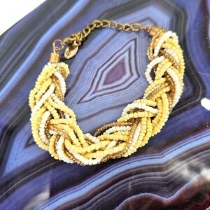 ALDO Beaded Woven Boho Bracelet Braided Yellow White Seed Beads Adjustable Chain